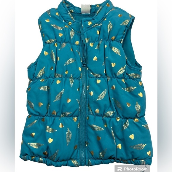 Healthtex Teal Green Gold Hearts/Leaves Puffer Vest Full Front Zipper 5T - Picture 1 of 6
